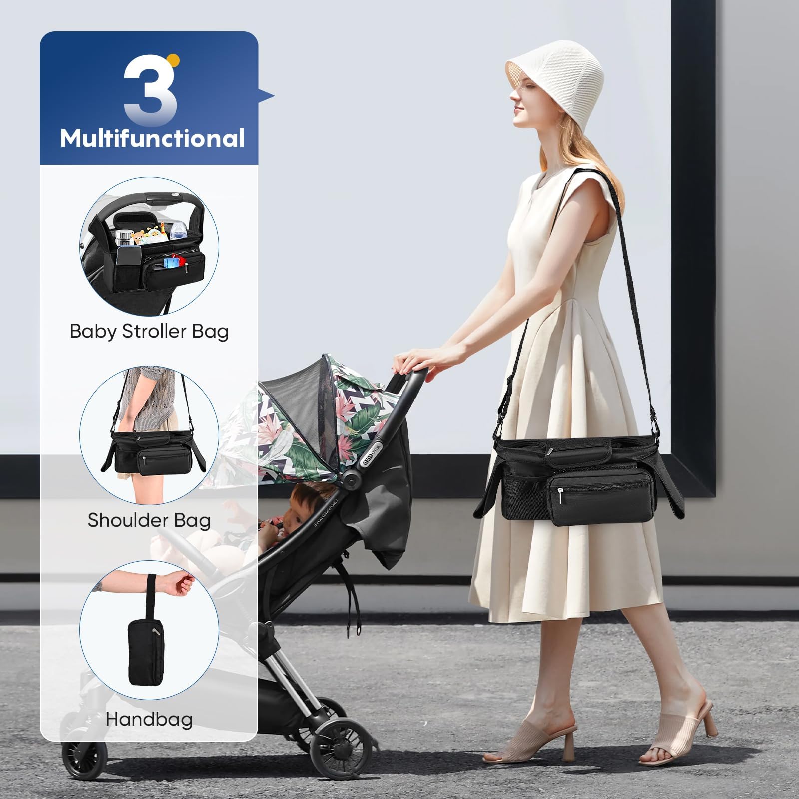 ieron Universal Stroller Organizer, 2 Insulated Cup Holder, Detachable Zippered Pocket, Mobile Phone Pocket - Image 3