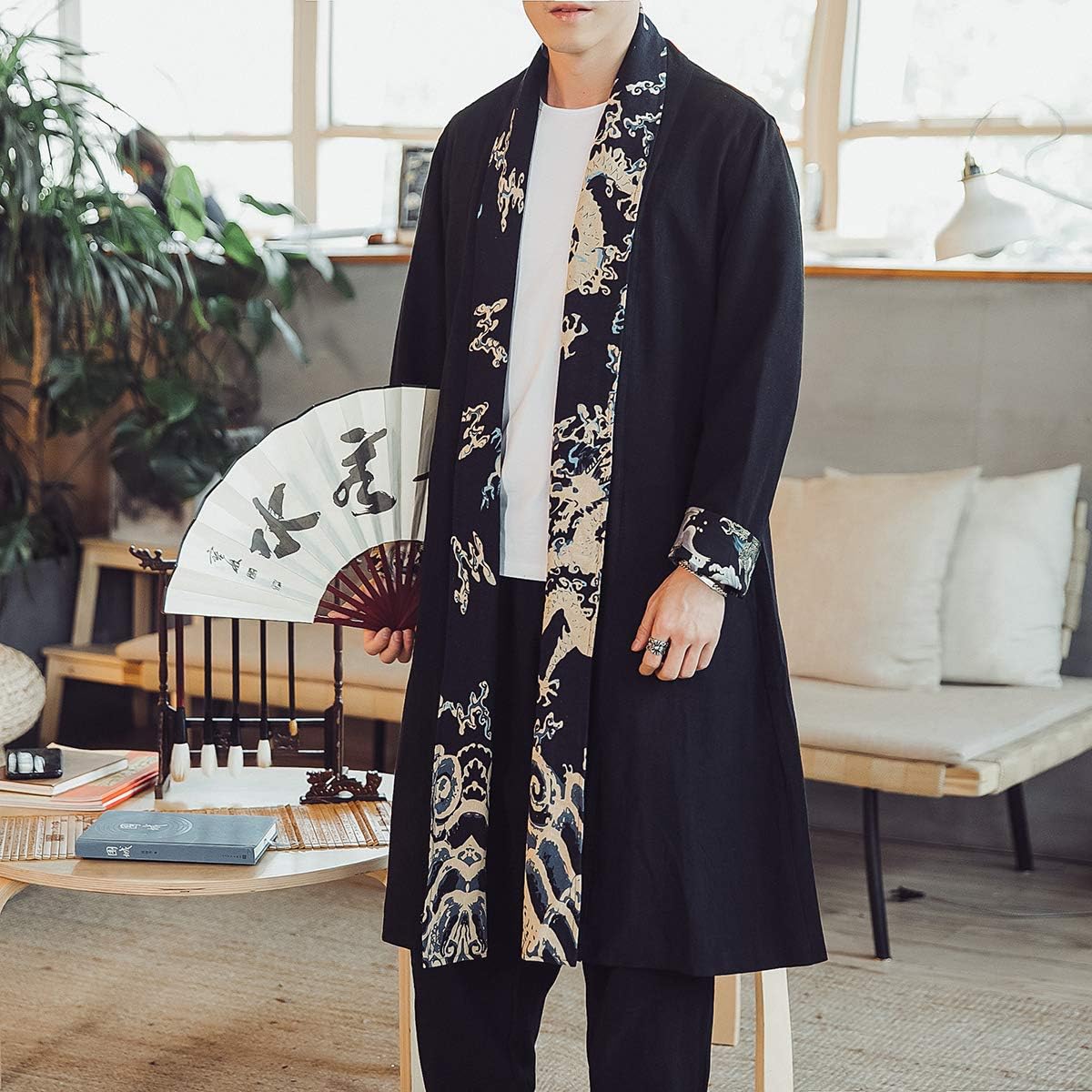 Seidarise Men's Long Kimono Cardigan Robe Japanese Style Flying Crane Seven Sleeves Open Front Coat