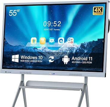 55" 4K Dual-OS Smart Board Android 11 & Windows 10 Pro | 20-Point Touch for Offices, Classrooms, Church | Wireless Sharing, Wall Mount Included