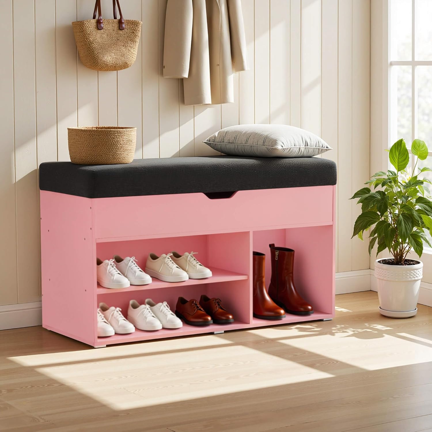 ivinta Storage Bench with Cushion, 2-Tier Entryway Shoe Bench with Hidden Storage for Living Room Bedroom Hallway, 7702 (37", Pink)