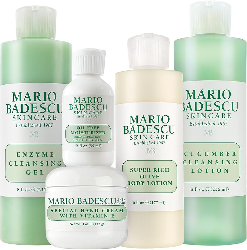 Conjunto para cuidados da pele Mario Badescu com hidratante FPS 17, gel de limpeza, loção de limpeza, creme para as mãos, loção corporal, nécessaire e espelho compacto