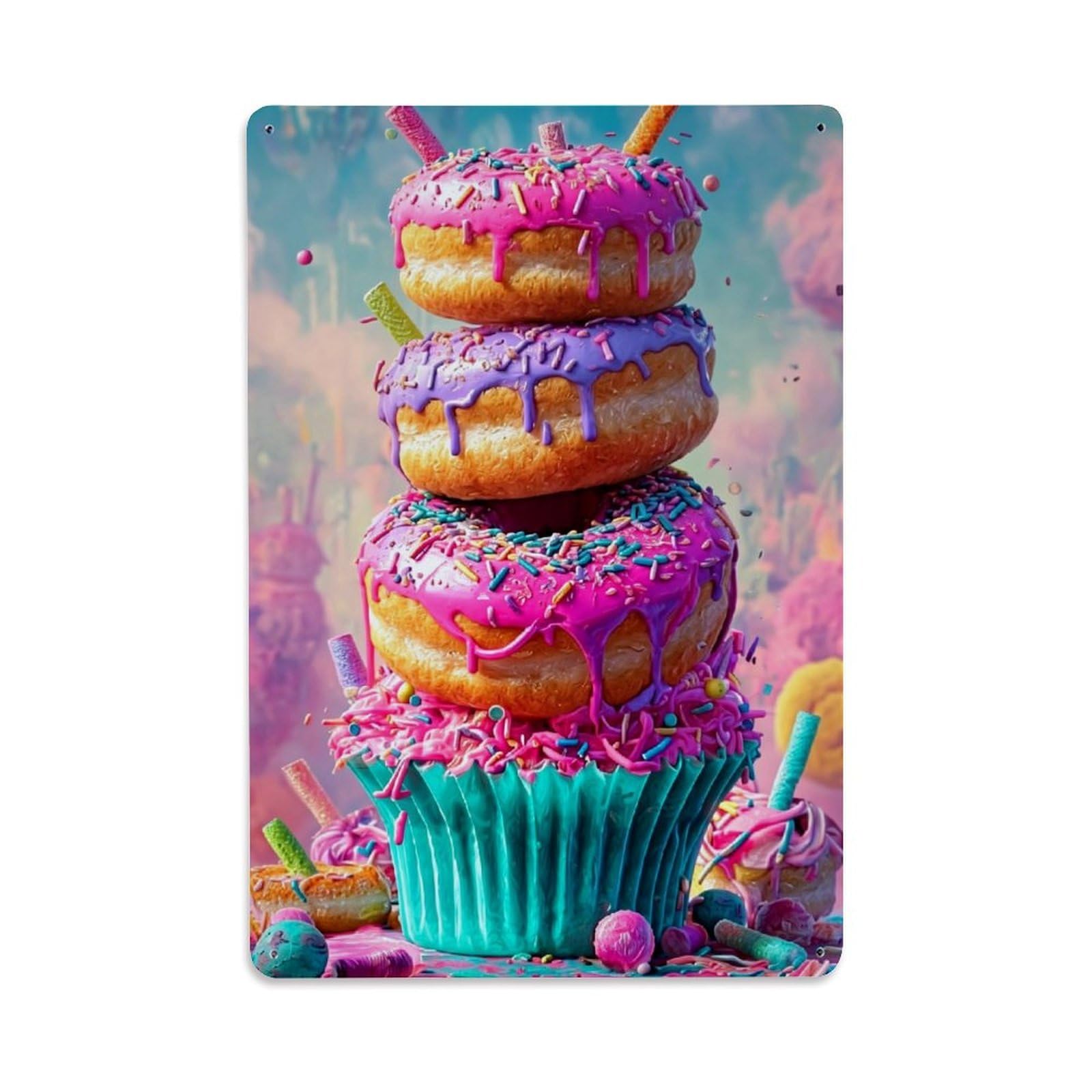 Colorful Donut Stack Cupcake Retro Metal Tin Sign, Vintage Decor Art Poster for Bar, Home, Man Cave, Kitchen, Laundry Room Gift 8x12Inch