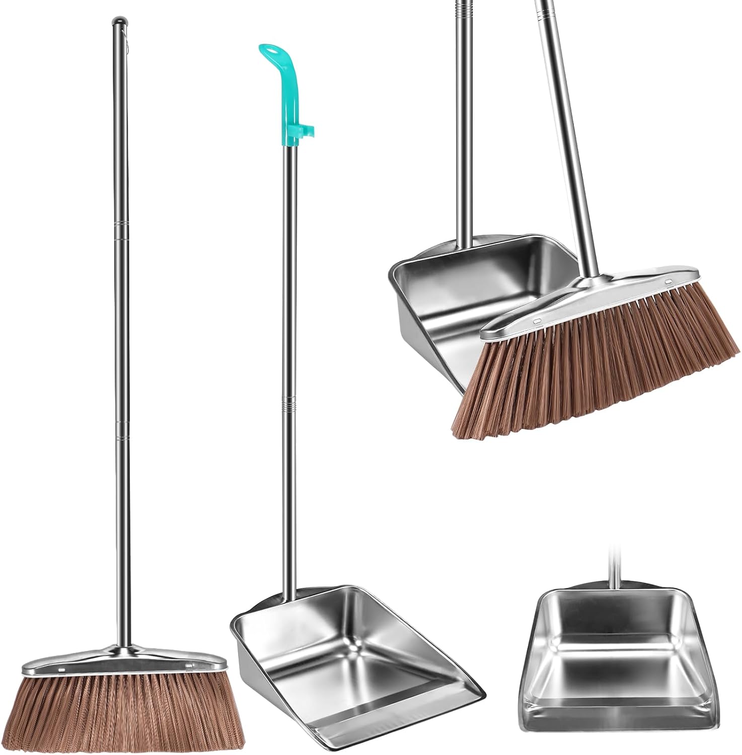 Dustpan and Brush Set Stainless Steel,Long Handled Silver Broom and