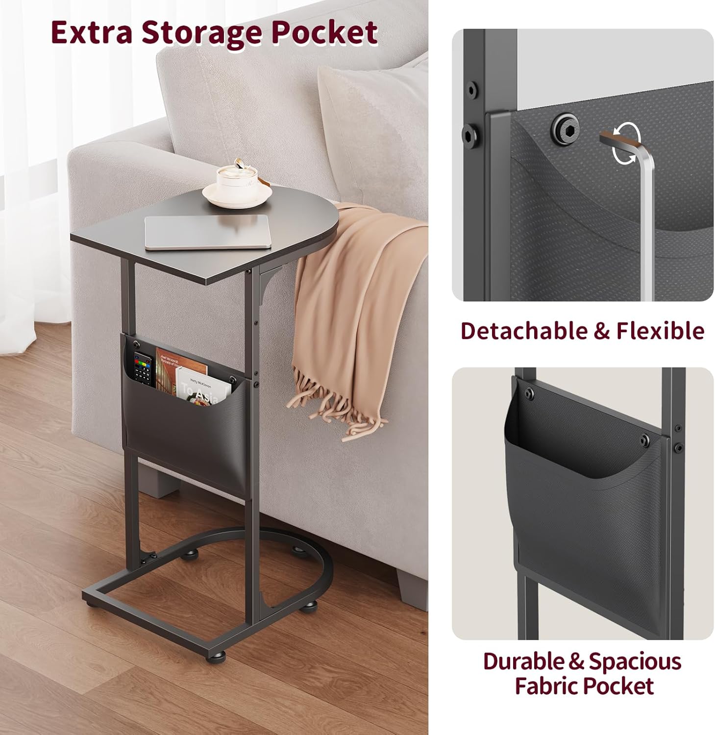 C Shaped End Table, Small Side Table for Couch, C Table for Sofa with Storage Bag that Slide Under, TV Tray Tables for Recliner Living Room Bedside Bedroom Small Spaces Black