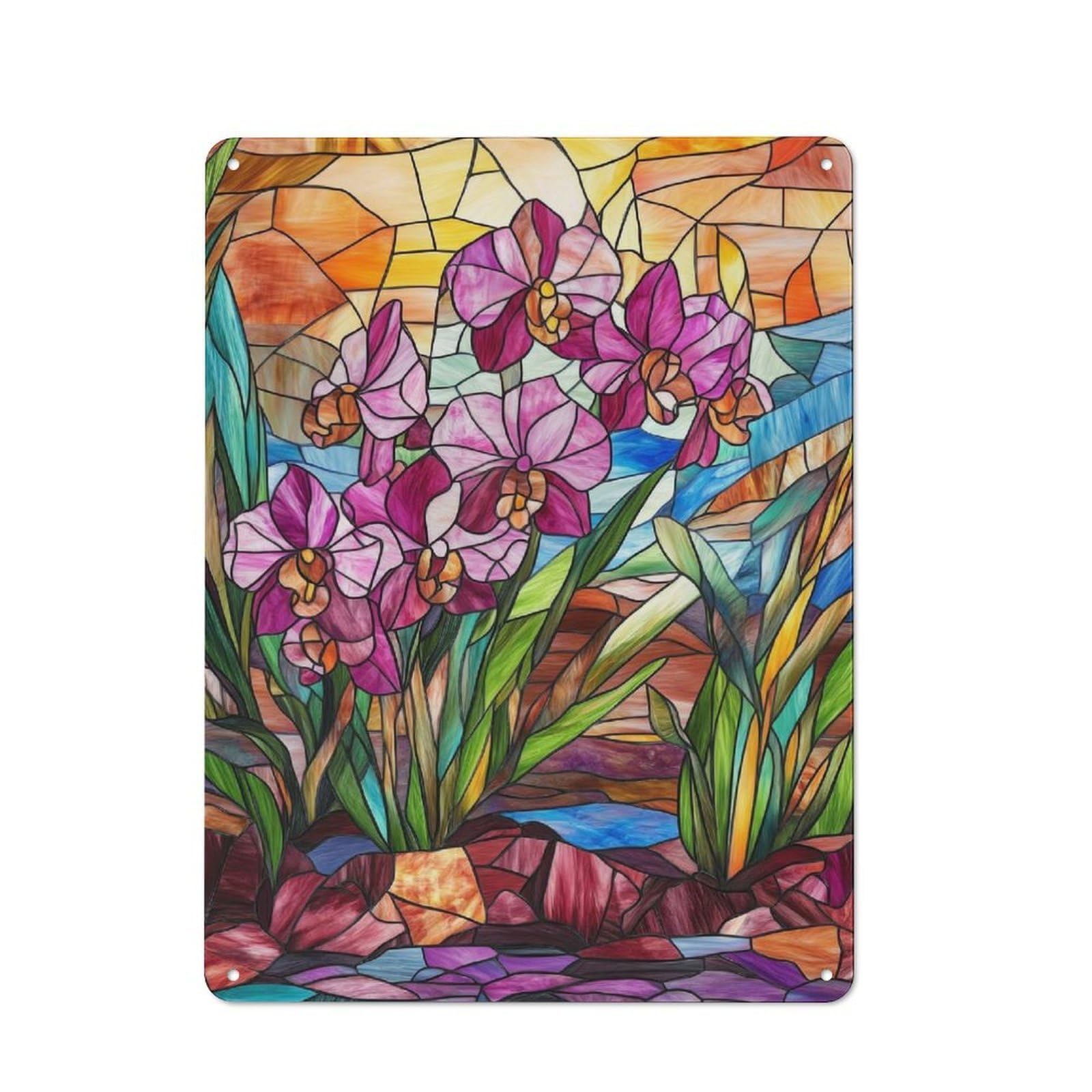 Junmoney Stained Glass Orchid Tin Wall Plaque 40X30cm With For Hobby Room Or Studio, For Home Interiors, Feature Walls And Decorative Displays
