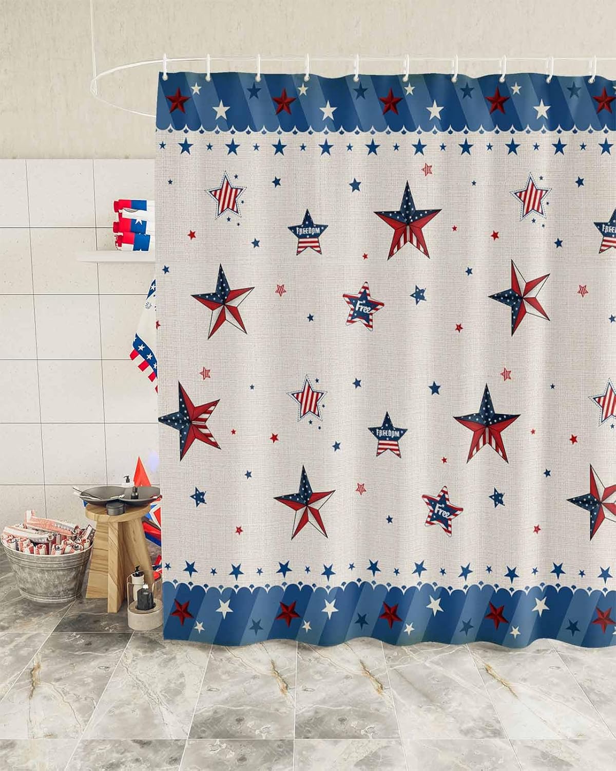 4th of July Shower Curtain for Bathroom with Hooks 60x72 Inches Polyester Fabric Shower Curtain Sets Washable Bath Curtains Decor Patriotic Memorial Independence Day Blue/Star