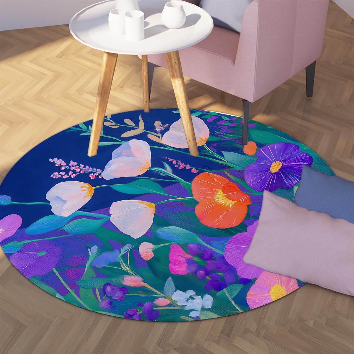 Zmywalny okrągły dywan boho kwiat okrągły dywan 180 cm (okrągły) kolorowe dywany ogrodowe fioletowy pomarańczowy kwiatowy antypoślizgowy dywan do wnętrz do salonu sypialni