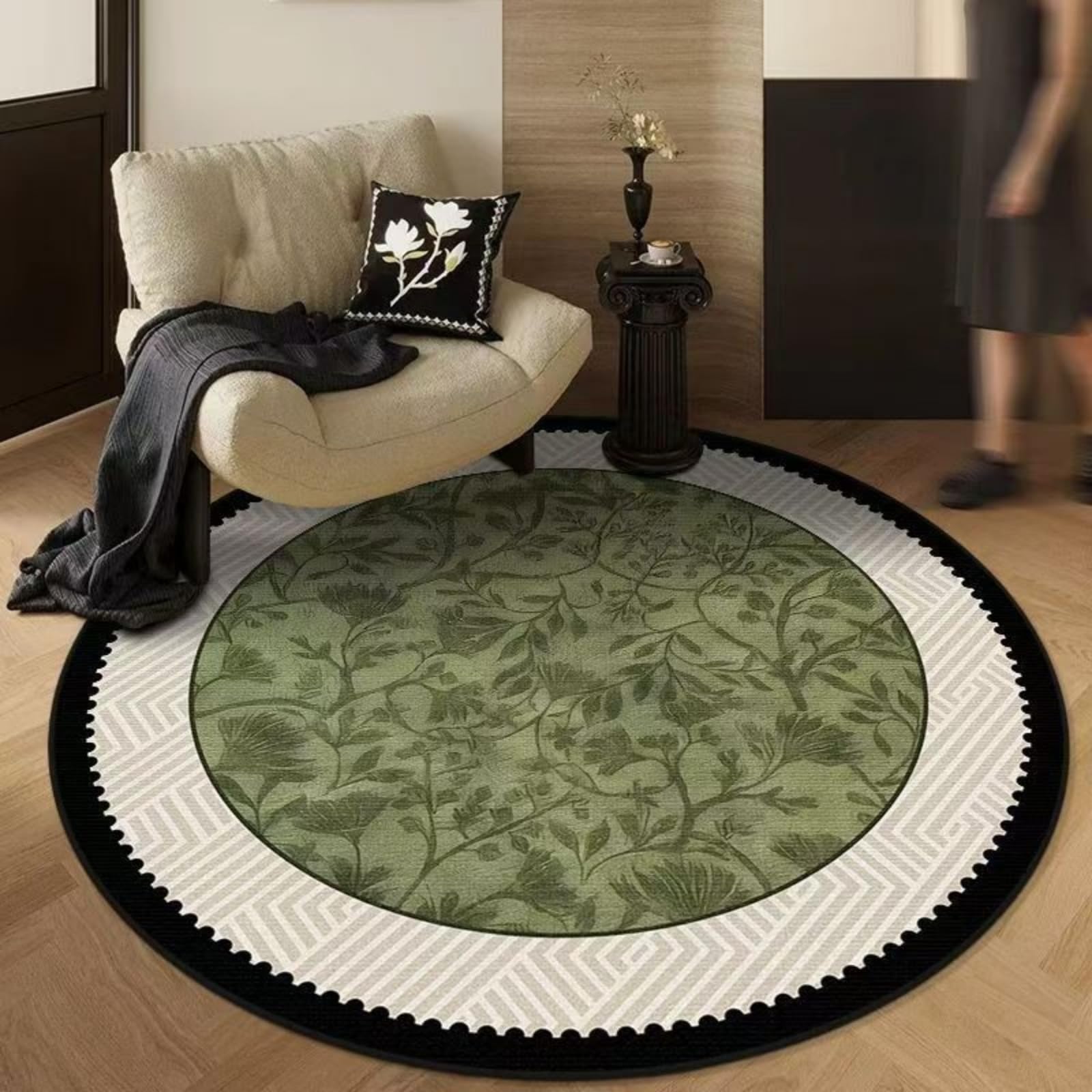 Tapis rond fleur verte de 90 cm en velours doux antidérapant