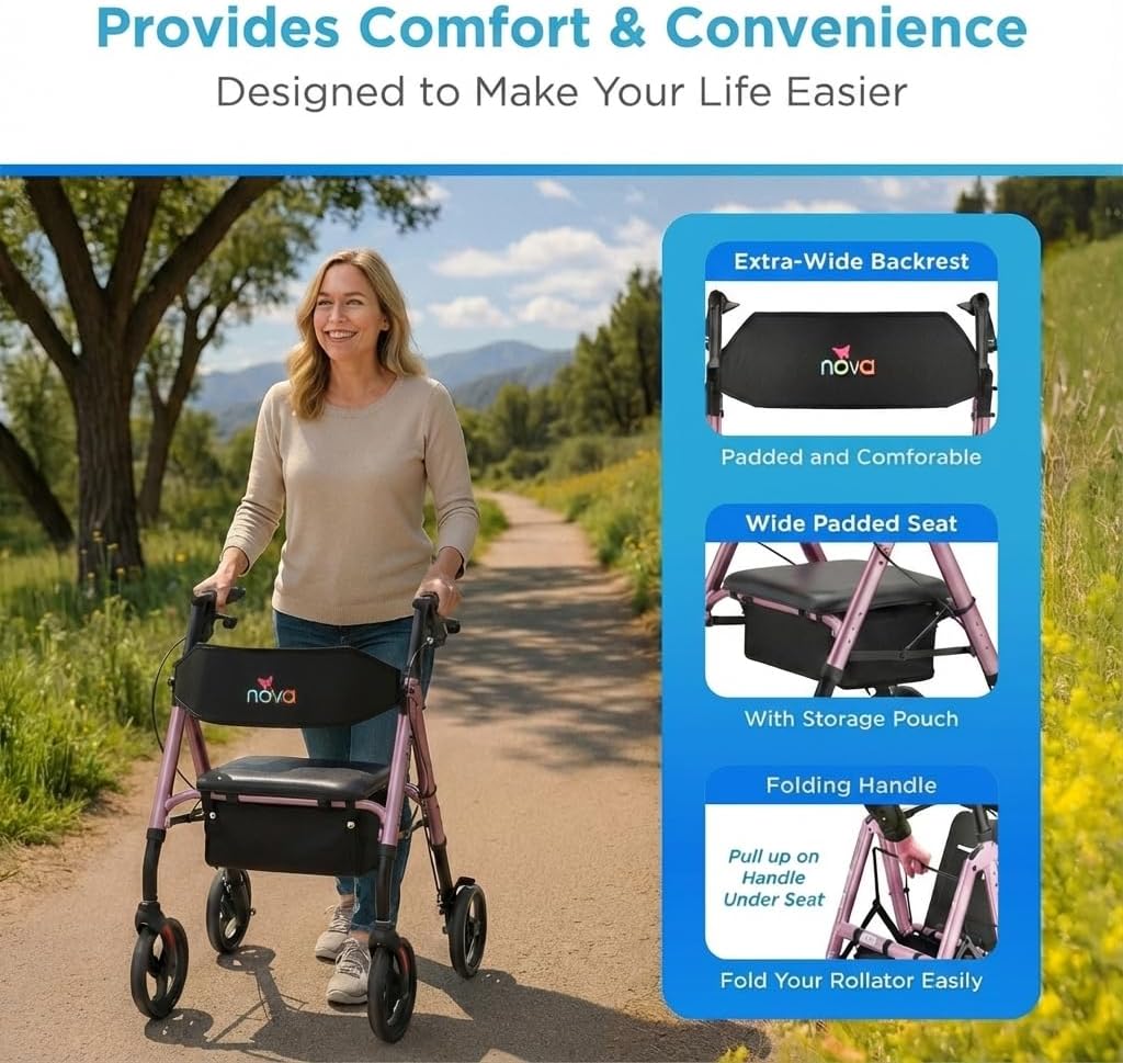 NOVA Star 8 Foldable Rollator Walker for Seniors (5'3"–6'2"), Wide Padded Backrest with Seat, 8” All-Terrain Wheels, Easy-Grip Locking Hand Brakes, Height Adjustable, Pink image 2