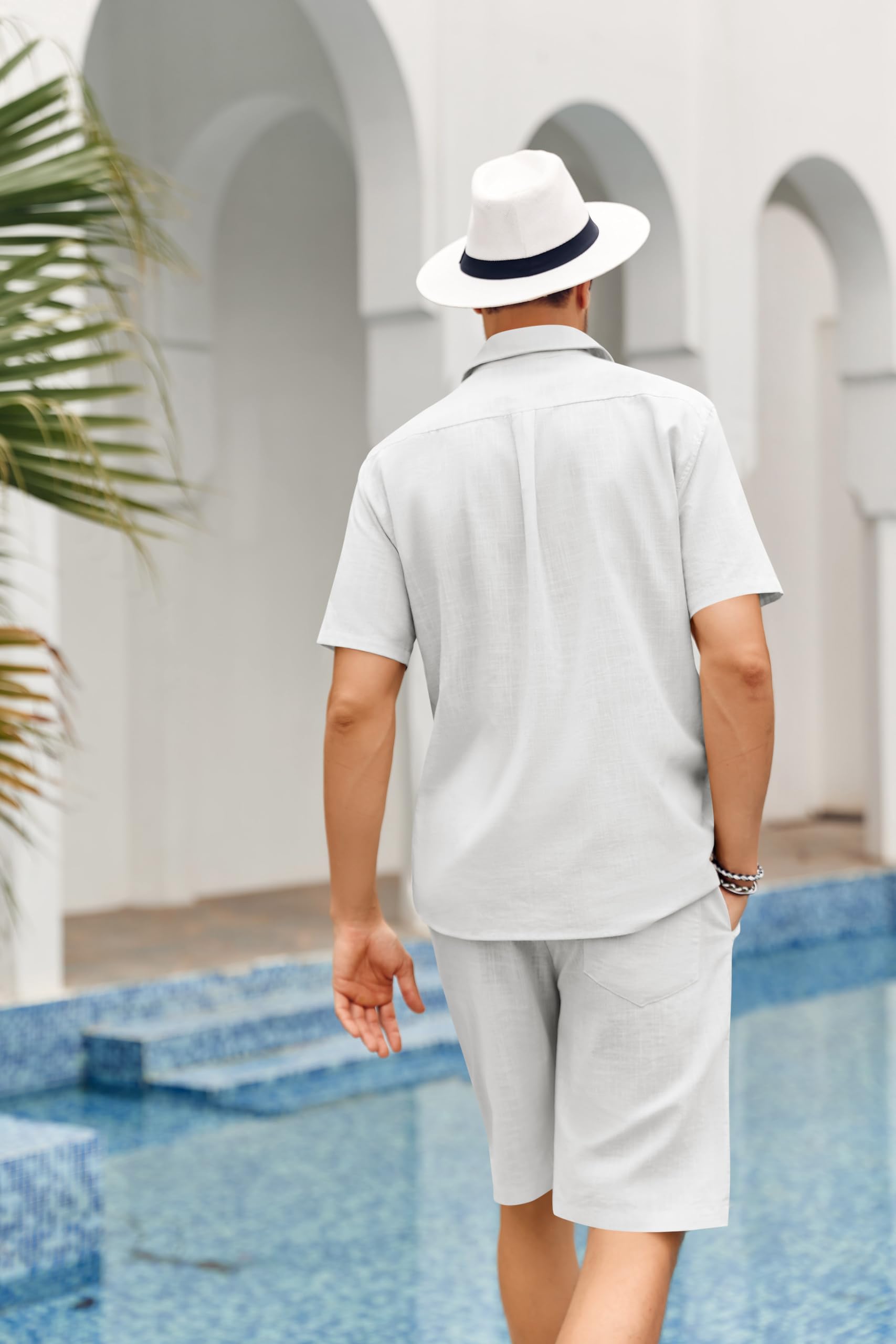 Conjunto de 2 piezas de lino para hombre, corte regular, con botones, camisa de playa y pantalones cortos, ropa de verano de manga