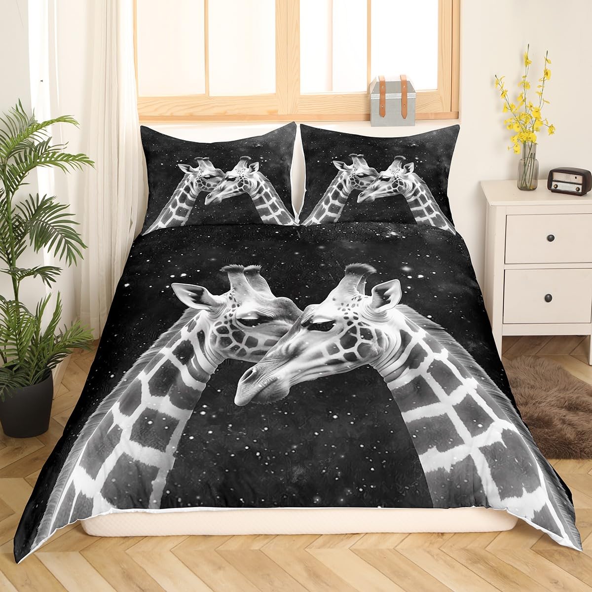 Castle Fairy Giraffe Duvet Cover Queen,Tropical Wild Animal Comforter Cover 3pcs,Starry Galaxy Black Ultra Soft Bedding Set,Romantic Giraffe Couple,No Comforter