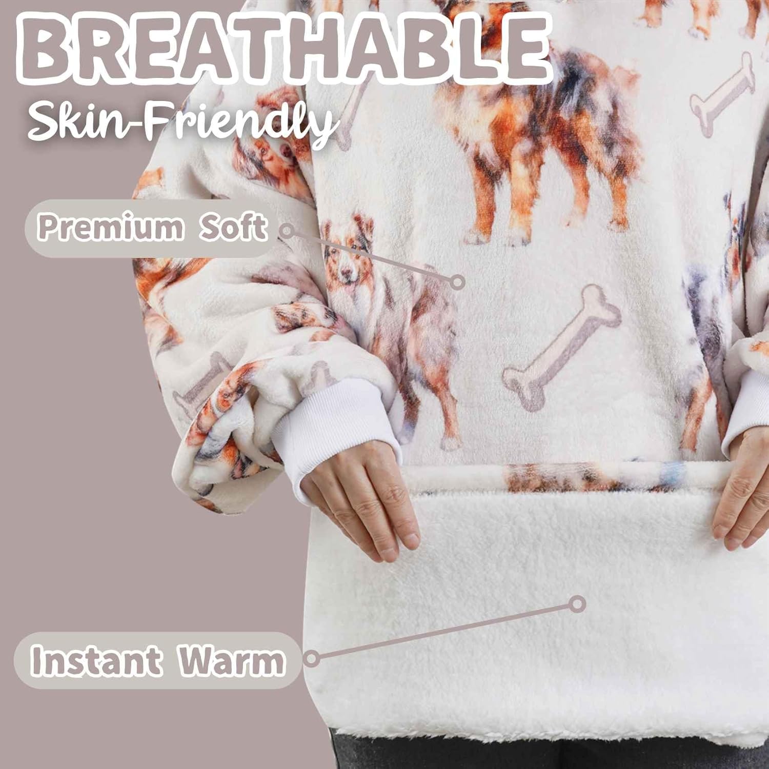 Australian Shepherd Gifts for Dog Lovers & Dog Mom, Wearable Flannel Australian Shepherd Blanket Hoodie with Two Large Pocket