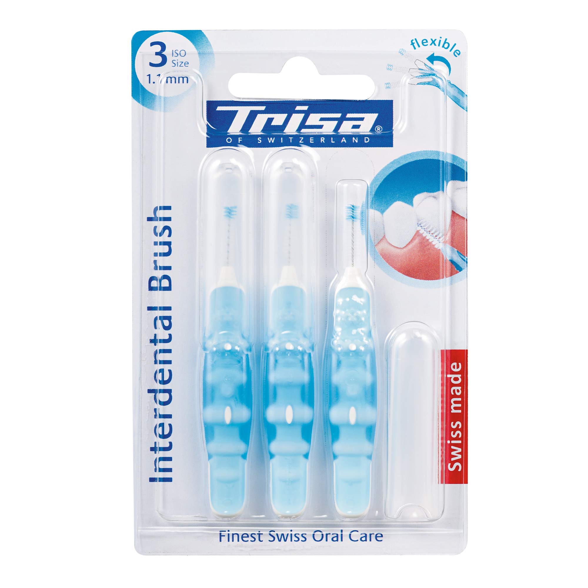 Trisa Professional Interdental Brush ISO 3, 1.1 Mm,Ultrasoft Bristle, Flexible,Ideal for getting to hard to reach areas,Made in Switzerland, Pack of 3, Blue