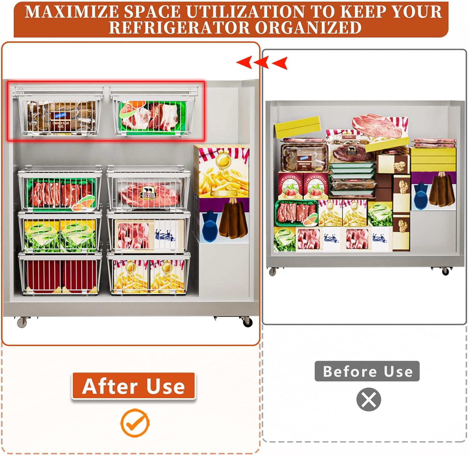 Large Freezer Organizer Bins，Upgraded Bottom Leak-Proof net，Fit 10 to 20 Cu.Ft Deep Freezer，2 Pack， Expandable/Hanging/Stackable Chest Freezer Organizer Bins , for Deep Freezer, pantry organizers