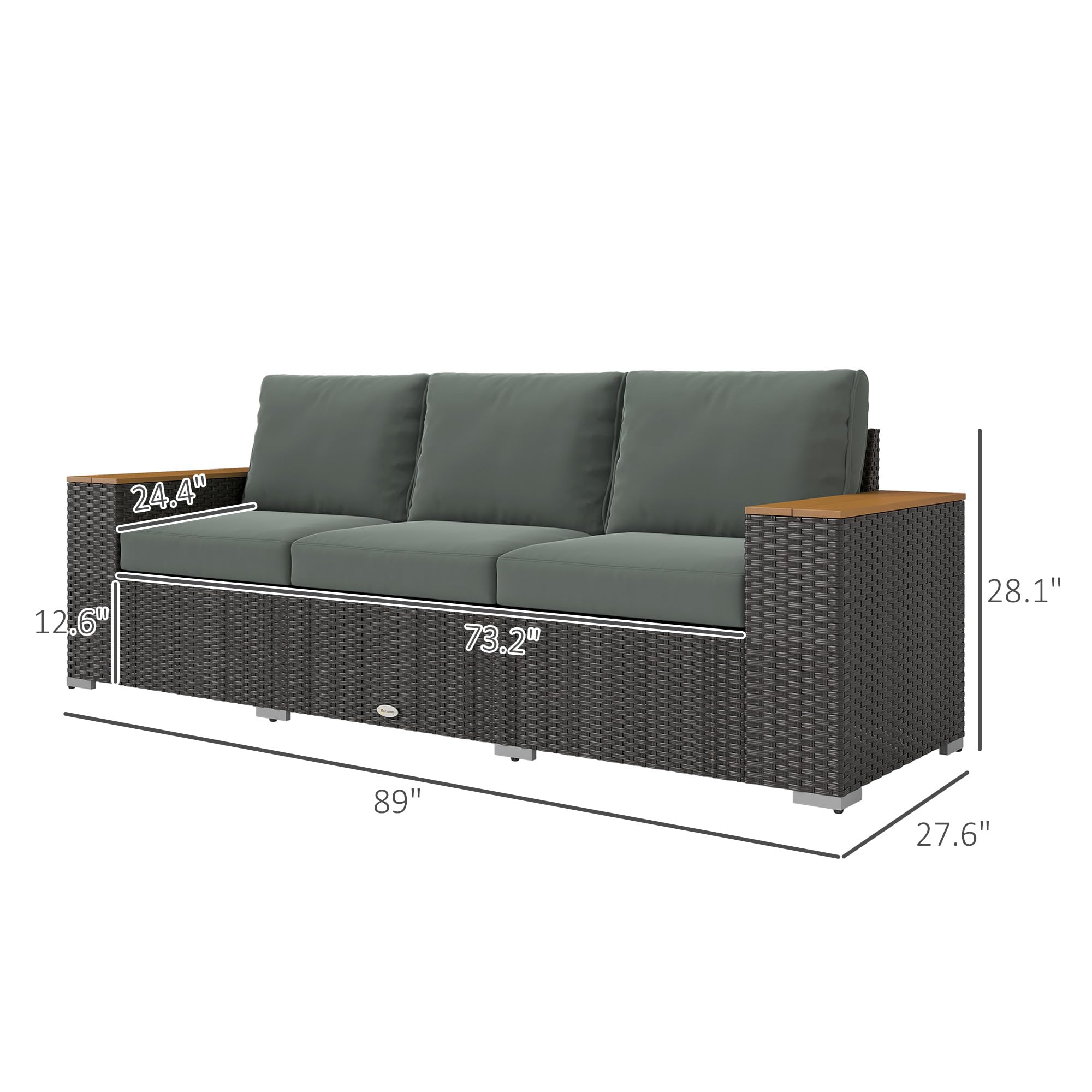 Sofá de patio al aire libre de 3 asientos con cojines, sofá de mimbre de ratán PE con reposabrazos anchos de grano de madera, sofá de mimbre al aire libre para porche, jardín, terraza 7