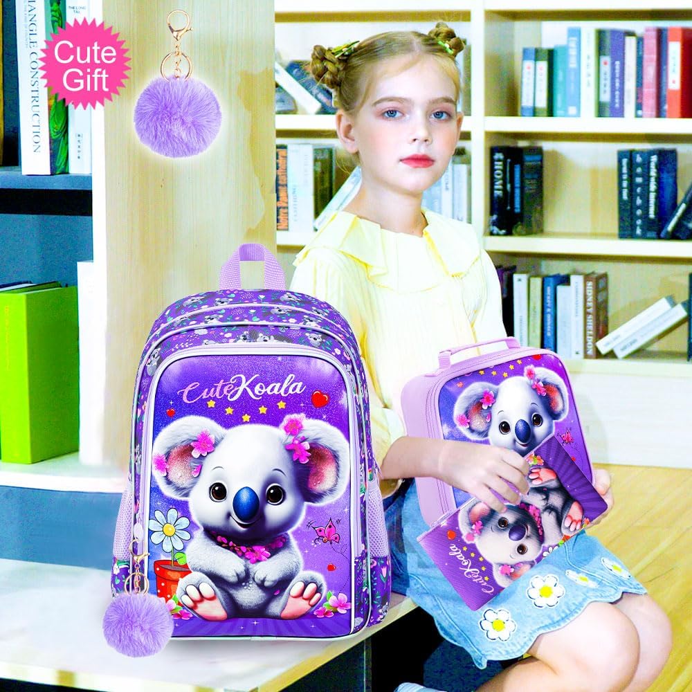 CCJPX 3PCS Backpack for Girls, 16" Koala Preschool Bookbag with Lunch Box,Kids Water Resistant School Backpacks for Elementary Kindergarten - Image 8