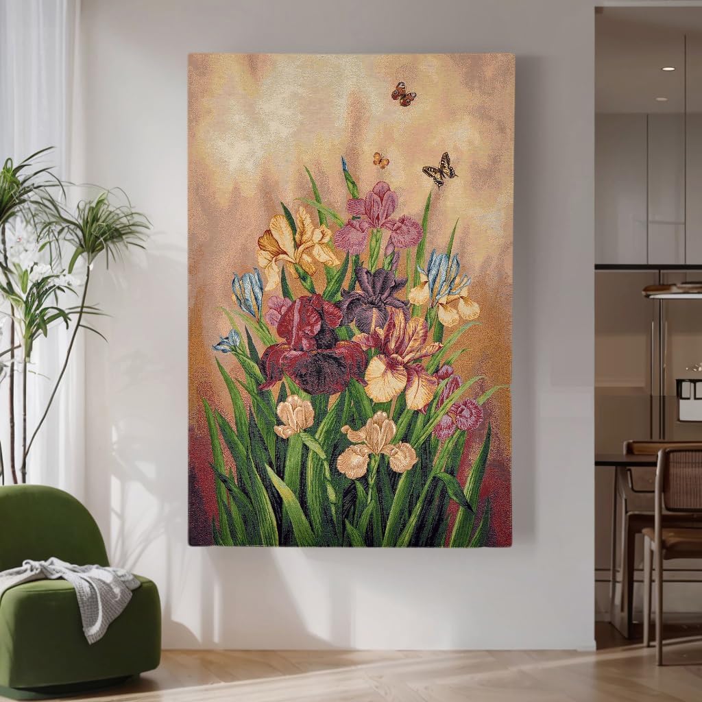 AureoMadis Vertical Woven Tapestry Wall Hanging with Lining & Rod Pockets - Vintage Floral Botanical Art Decor for Bedroom Living Room (27" W x 41.5" H) - Elegant Iris Bouquet