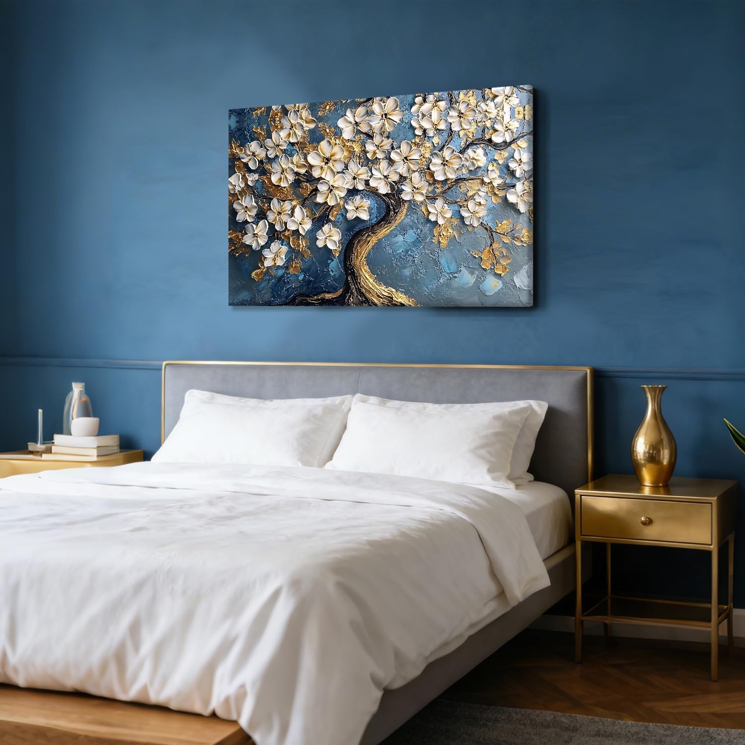 EEYNAQQ Tree of Life Wall Art Canvas Print Gold and White Floral Tree Painting Artwork 24x16 Inch Elegant Botanical Picture Wall Decor Modern Blossom Framed Poster for Living Room Bedroom Office