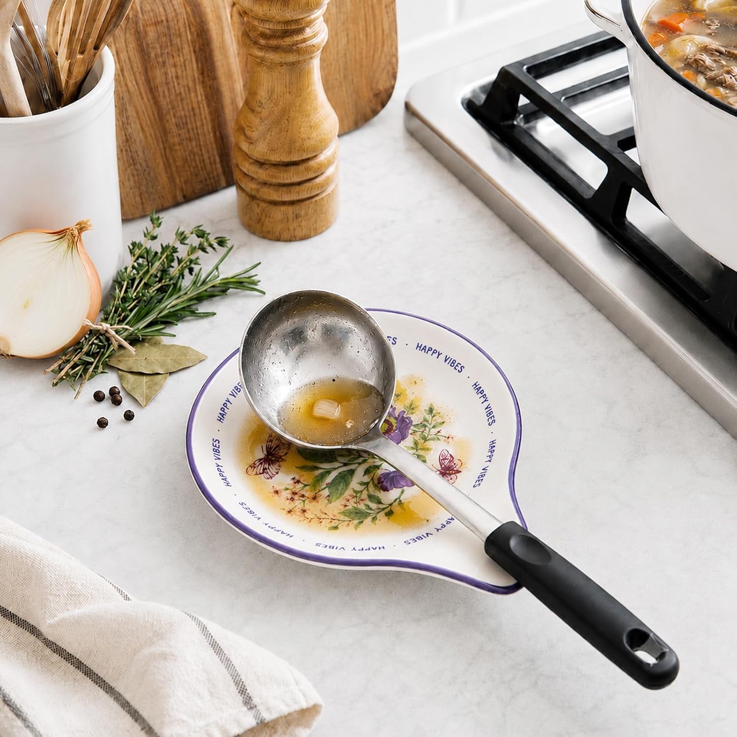 DOWAN Ceramic Spoon Rest for Kitchen Counter, 6 Inch Large Spoon Holder for Stove Top, Floral Utensil Rest for Ladles and Spatulas, Purple Butterfly Cottage Kitchen Decor, Happy Vibes Gift
