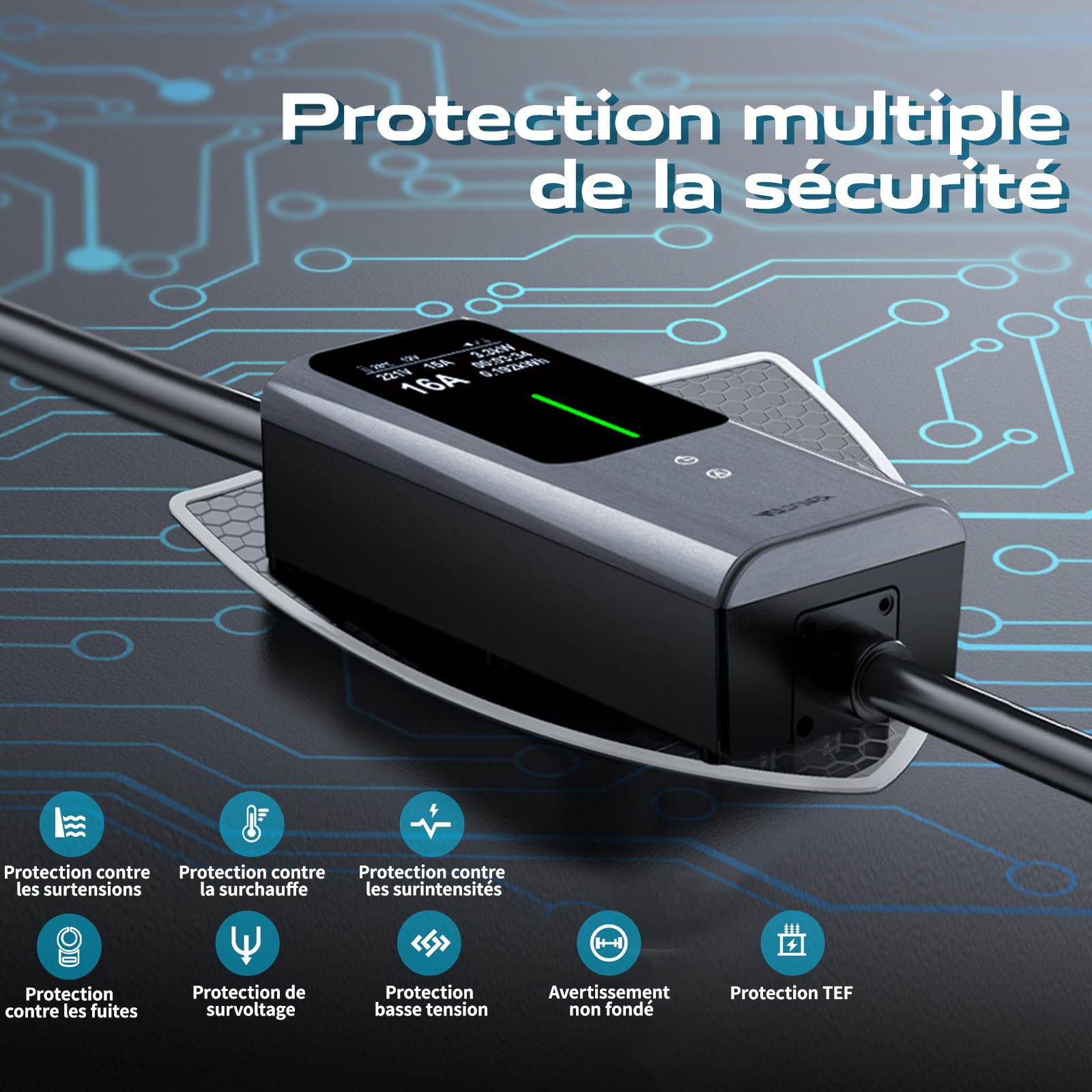 Chargeur Voiture Electrique 3,68kW | 6-16A | 5M, EV Chargeur Schuko Type 2 Courant Commutable avec Affichage, Câble Recharge Véhicule Electrique Rapide IP65 (IEC62196-2) VDLPOWEREU