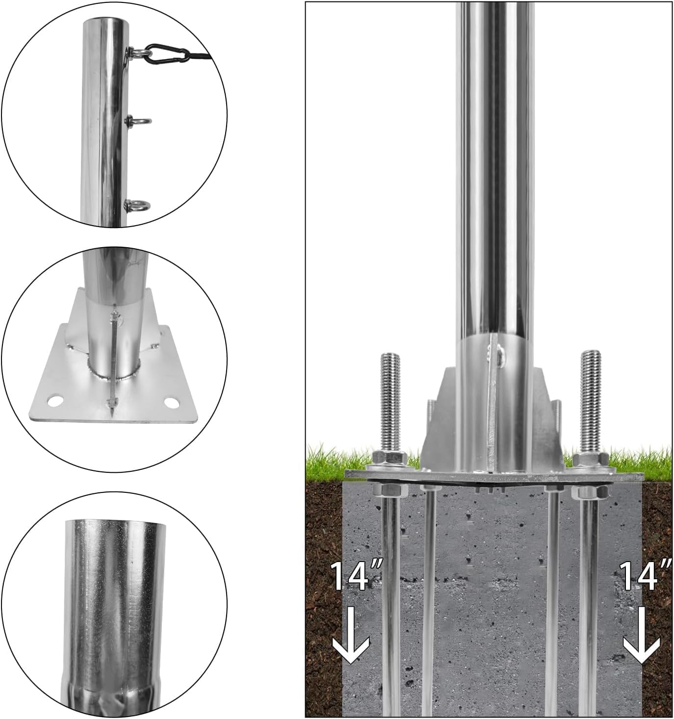 10ft Shade Sail Poles, Silver, Stainless Steel, Contemporary Style, Not Water Resistant, Shade Sails, Post Mount, Screw-In Installation, Concrete Base Bracket