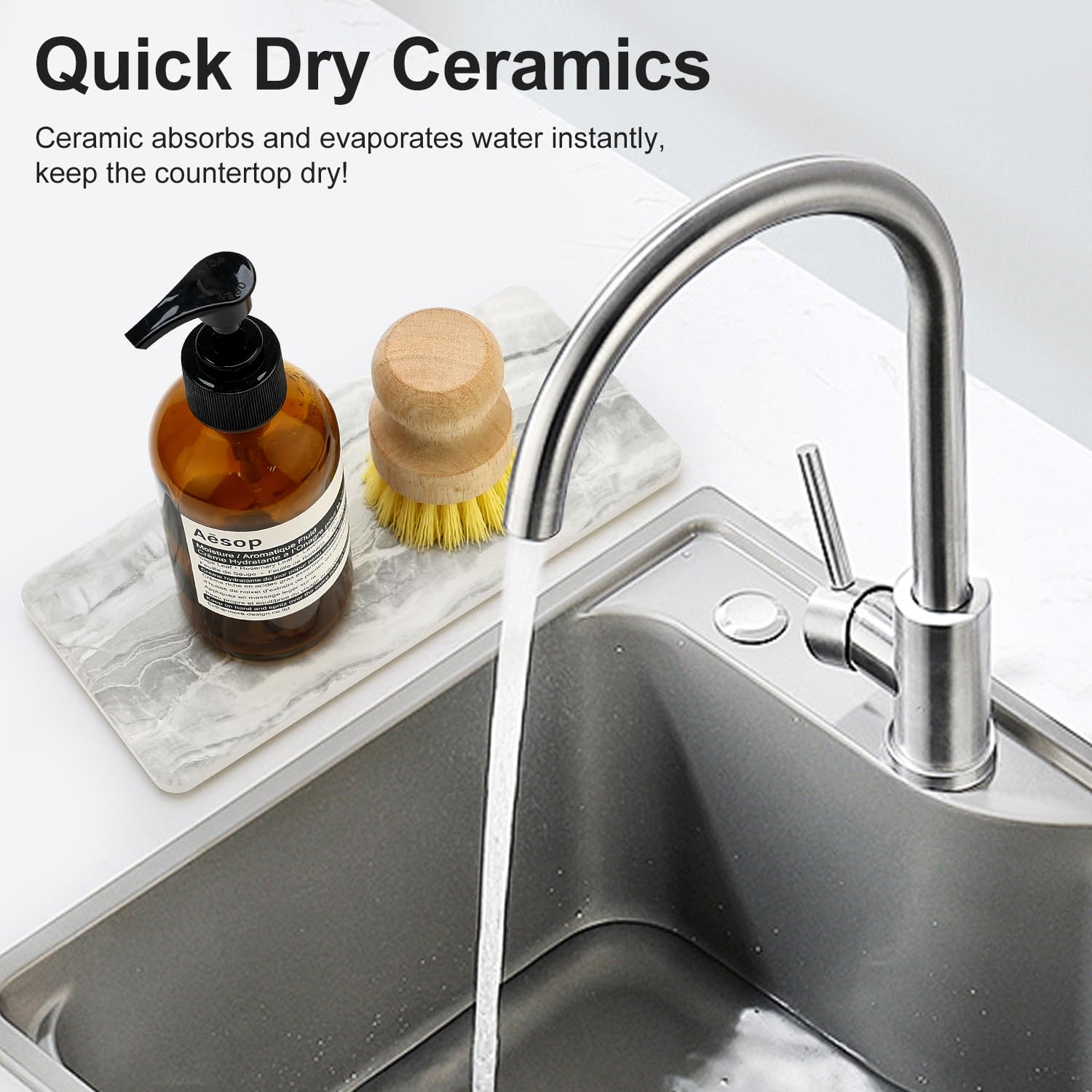 2 Pack Water Absorbing Stone Drying Tray for Kitchen Counter Marble Bathroom Sink Trays Accessories Diatomite Stone Soap Dish Holder Kitchen Tray for Bathroom Vanity Trays Quick Instant Dry Sink Caddy 3