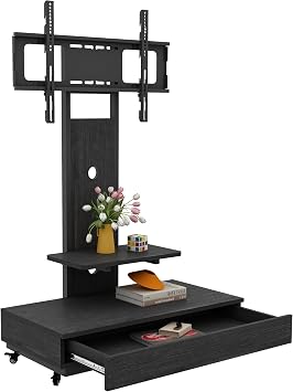 TV Stand with Sliding Drawer, Floor Stand with Lockable Wheel Mount, 32-75 Inch Mobile TV Cart for Living Room, Bedroom, Office