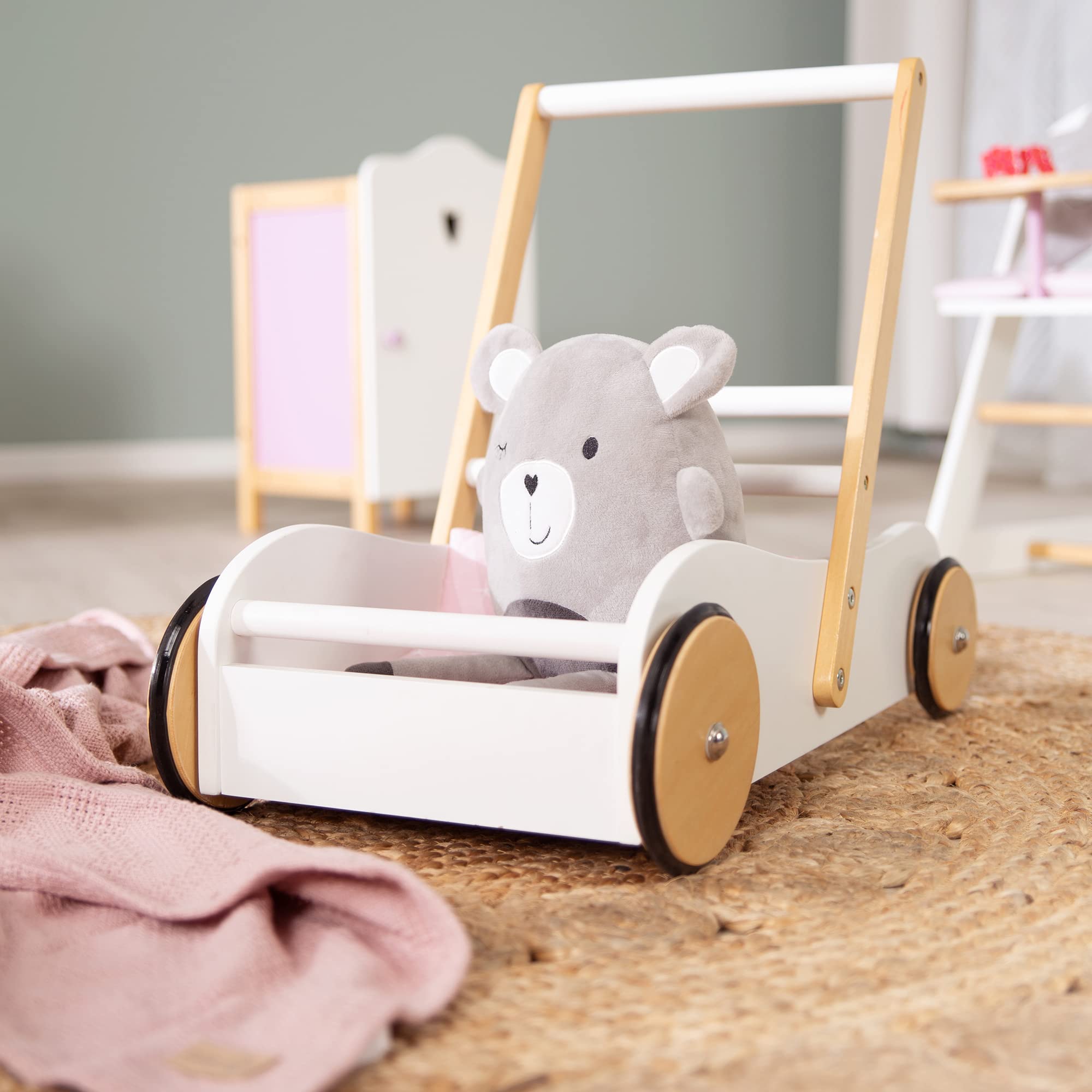 roba Carrello Giocattolo Scarlett - con Freno - per Bambole e Altri Giochi - Sistema Anti-Ribaltamento - Ottimale per i Primi Passi - Legno Laccato Rosa