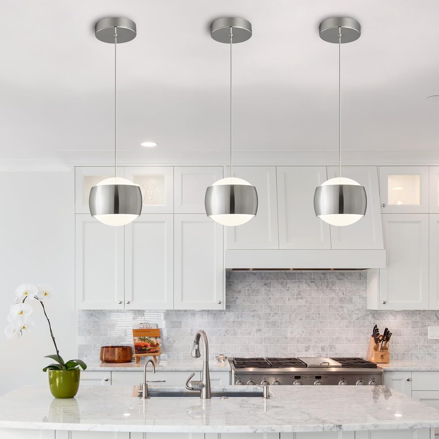 Modern Chrome LED Dimmable Pendant Light fixtures,6″ Island Pendant Lighting for Kitchen Island Dinning Room,Bedroom,Bar, Kitchen Island Ceiling Hanging Light Fixtures(Chrome-1-Pack)