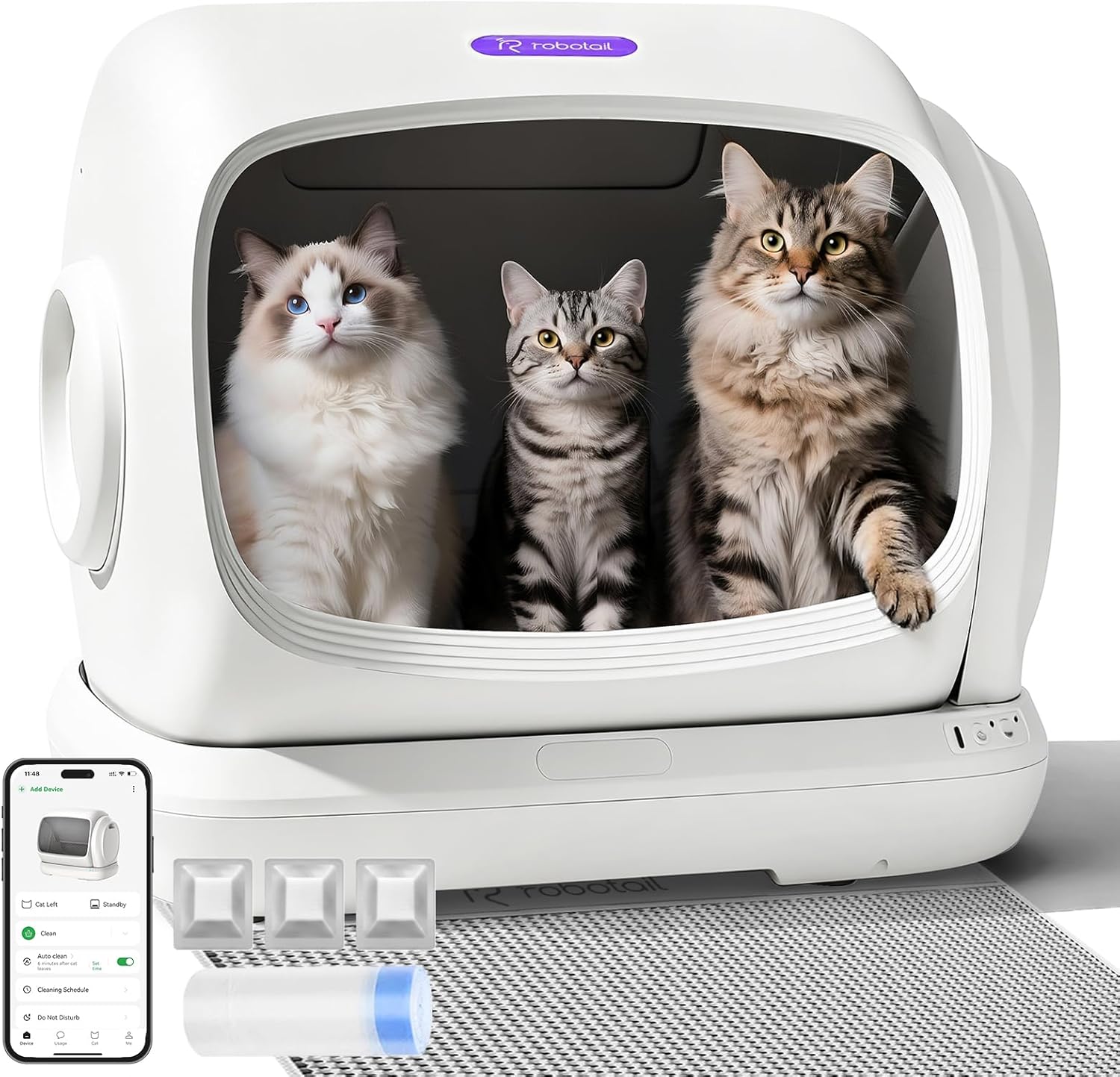 Robotail Self Cleaning Cat Litter Box,106L XXXL Extra-Large Space Automatic Cat Litter Box for Large Cats, Open Top Automatic Cat Box Self Cleaning with APP, Safety Sensor, Anti-Pinch Patent