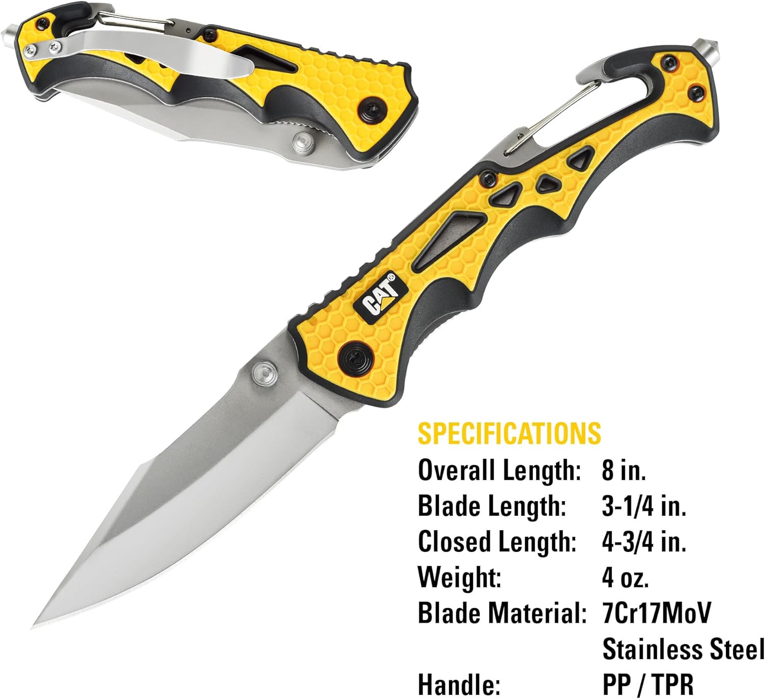 Cat 7-3/4 Inch Drop Point Folding Pocket Knife with Glass Break and Carabiner, Camping, Outdoors, Handy Pocket Clip, and Dual Thumb Studs, Every Day Carry - 980524