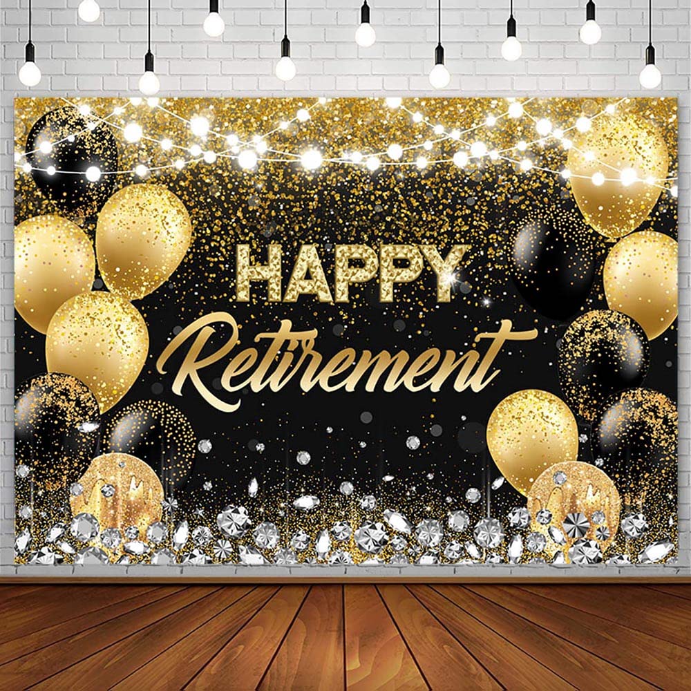 AIBIIN 7x5ft Happy Retirement Backdrop Black and Gold Glitter Balloon Diamond Photography Background Black Gold Bokeh Sparkle Congrats Retirement