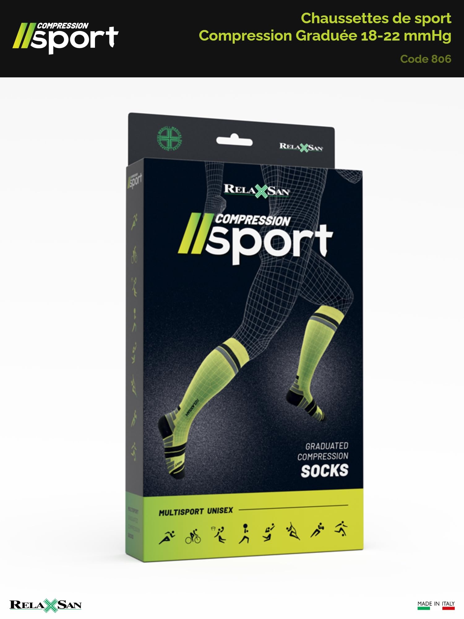 Relaxsan Chaussettes de Contention Femme et Homme, Sport et Running, Compression 18-22 mmHg, Made in Italy, 806