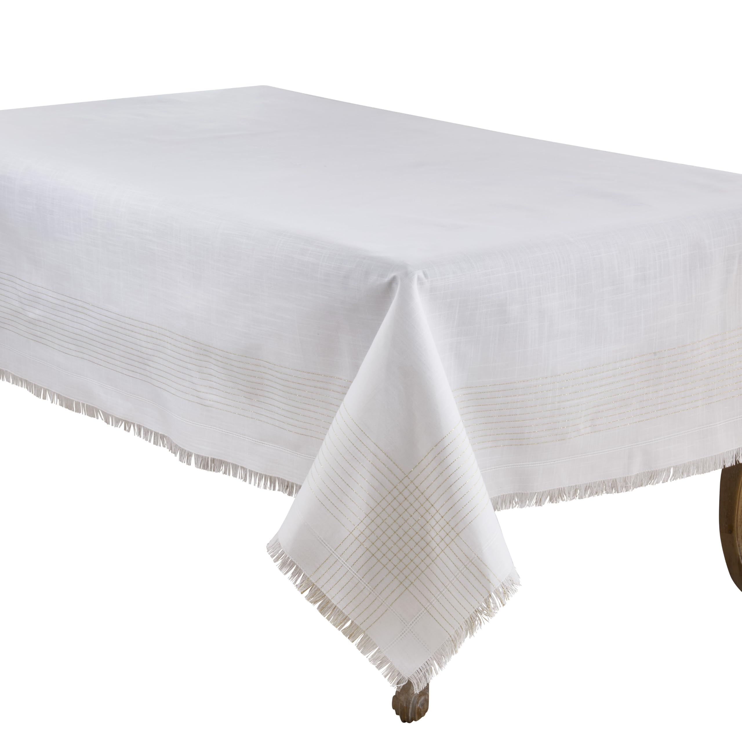 SARO LIFESTYLE Metallic Fringe Tablecloth - Elegant Shimmer Stripe Tablecloth with Decorative Fringe Edges for Dining Room Tables, Holiday Entertaining & Modern Farmhouse Table Décor, 60"x120", White
