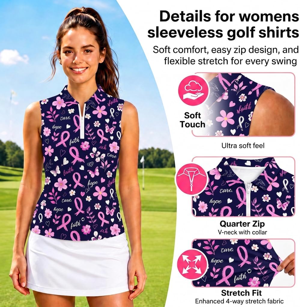 Sleeveless Women Golf Shirts Funny Polo Zip Tank Top