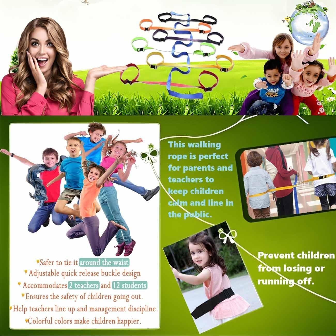 Corda da Passeggio in età Prescolare per l'asilo Nido,Corda da Passeggio per Bambini,Corda da Passeggio per la Sicurezza dei Bambini Waist Style Adatta per 12 Bambini e 2 Insegnanti.