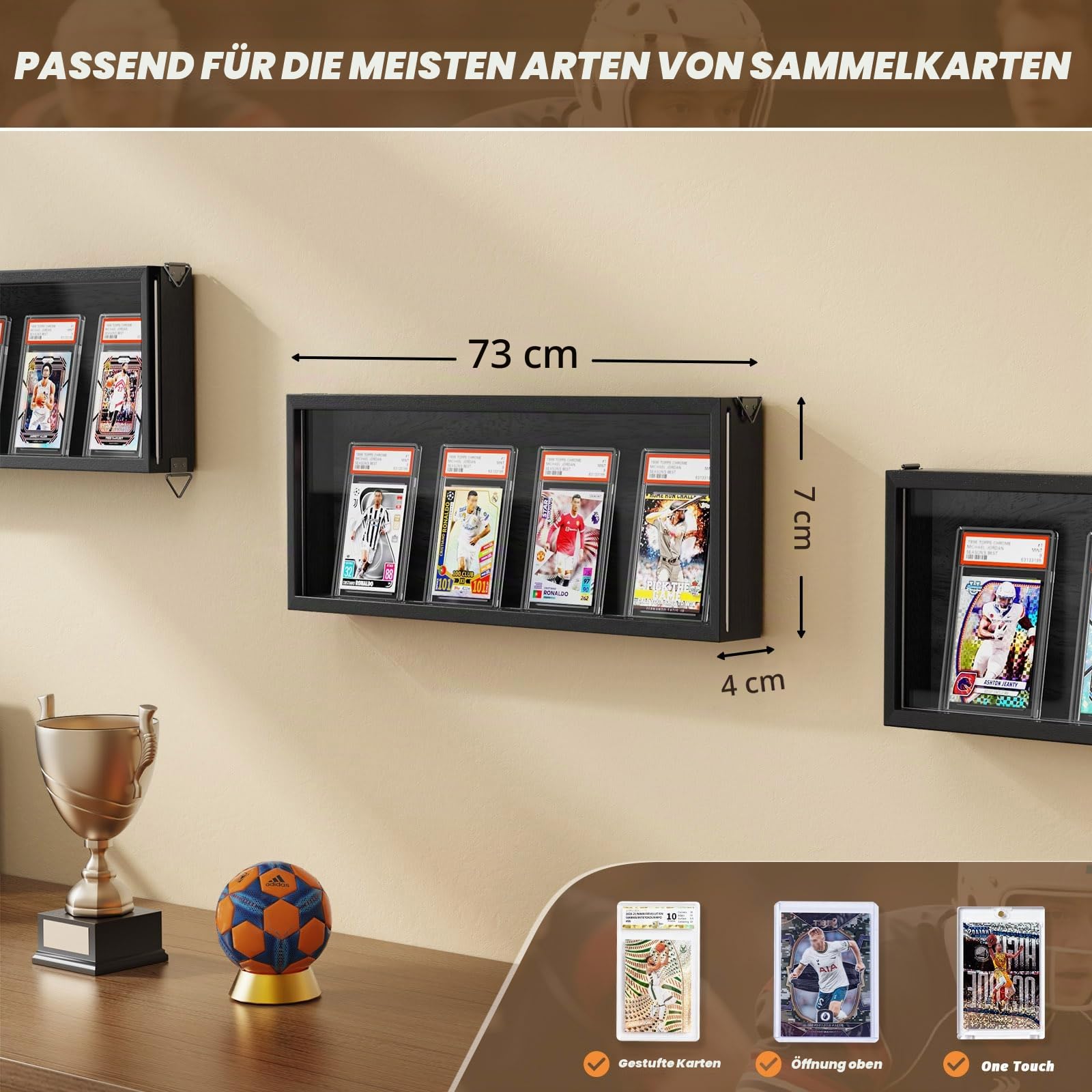 6 Stück Sammelkarten Display Rahmen Wandmontage, Holz Sammelkarten Vitrine mit Transparent HD, Karten Display Rahmen für 24 Sportkarten und Karten Sammeln Ausstellen (Schwarz)