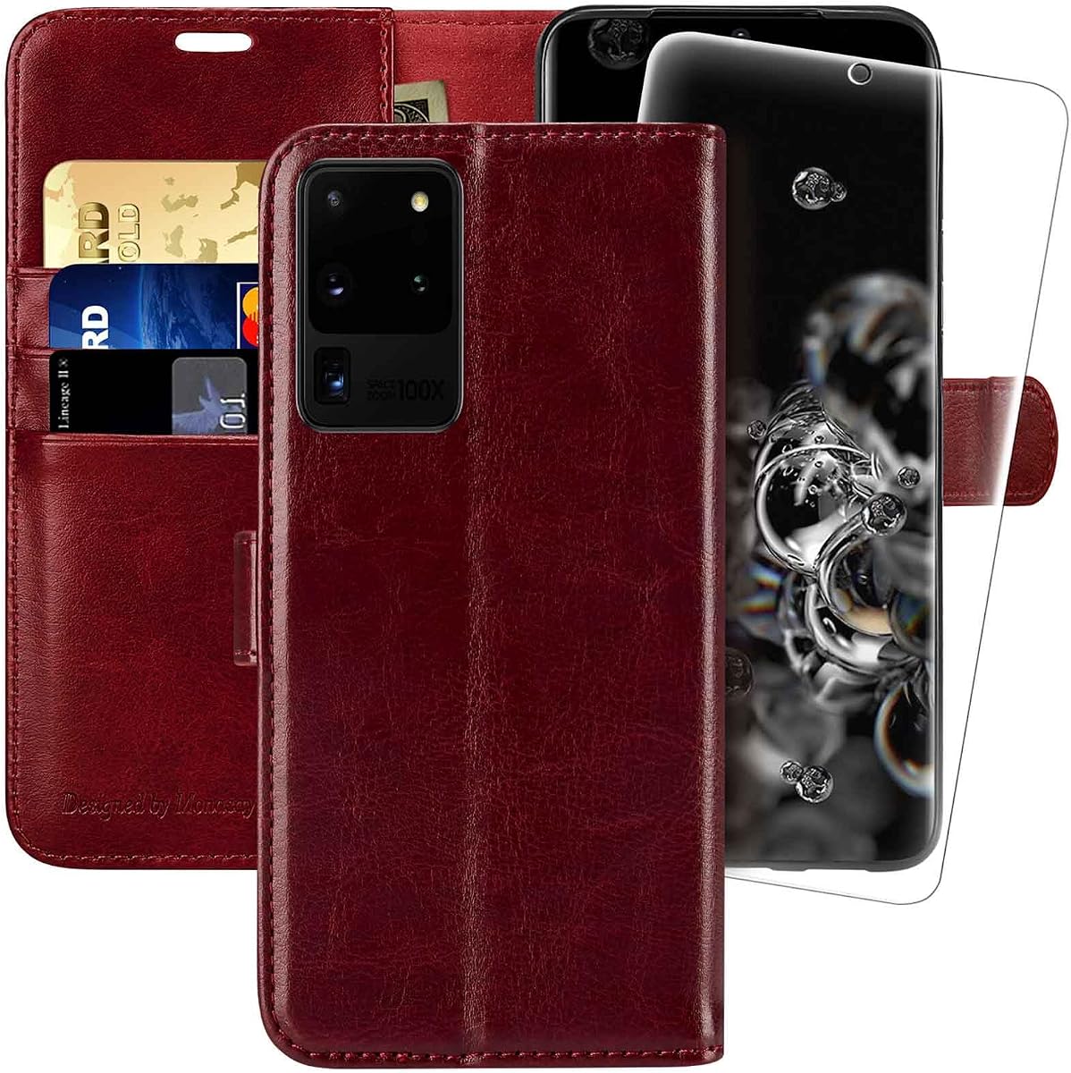 Funda tipo billetera para Samsung S20 Ultra con 3 tarjeteros - Borgoña | Soporte, bloqueo RFID, 6.6 pies de absorción de impactos, cuero de PU, fuerte cierre magnético, solo se adapta a 6.9 pulgadas, protector de pantalla