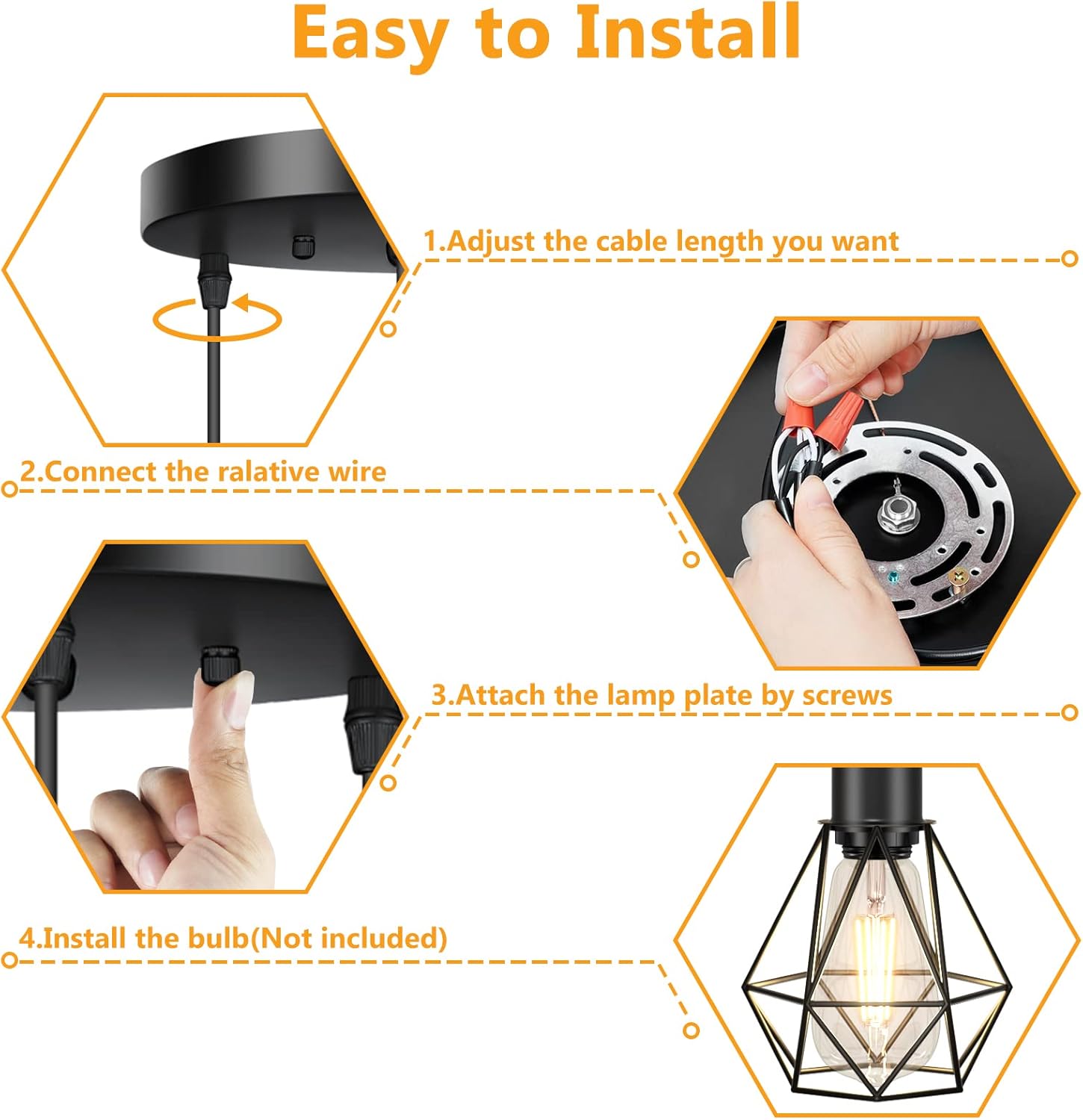 FadimiKoo 3-Light Kitchen Hanging Light Fixtures, Adjustable Farmhouse Light Fixtures Ceiling Pendant Lighting with Black Metal Cage for Dining Room Hallway Bedroom Kitchen Island, E26 Base - - 