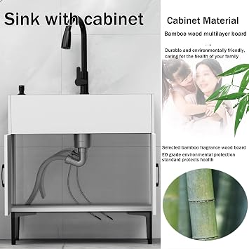 Laundry Room Sink with Cabinet,Stainless Steel Utility Sink,Kitchen Sink and Cabinet Combo,Deep Bathroom Vanity Sink with Pull-Down Faucet,for Utility Room,Garage,Kitchenette,Mudroom(White,50x40x78cm)