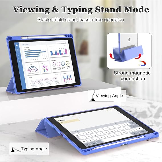 OKP for iPad 9th/8th/7th Generation Case (2021/2020/2019), iPad 10.2 inch Cases with Trifold Stand, Slim ipad 9/8/7 gen Cover with Pencil Holder for Kids Women Men, Clear Back Shell, Paradise Blue
