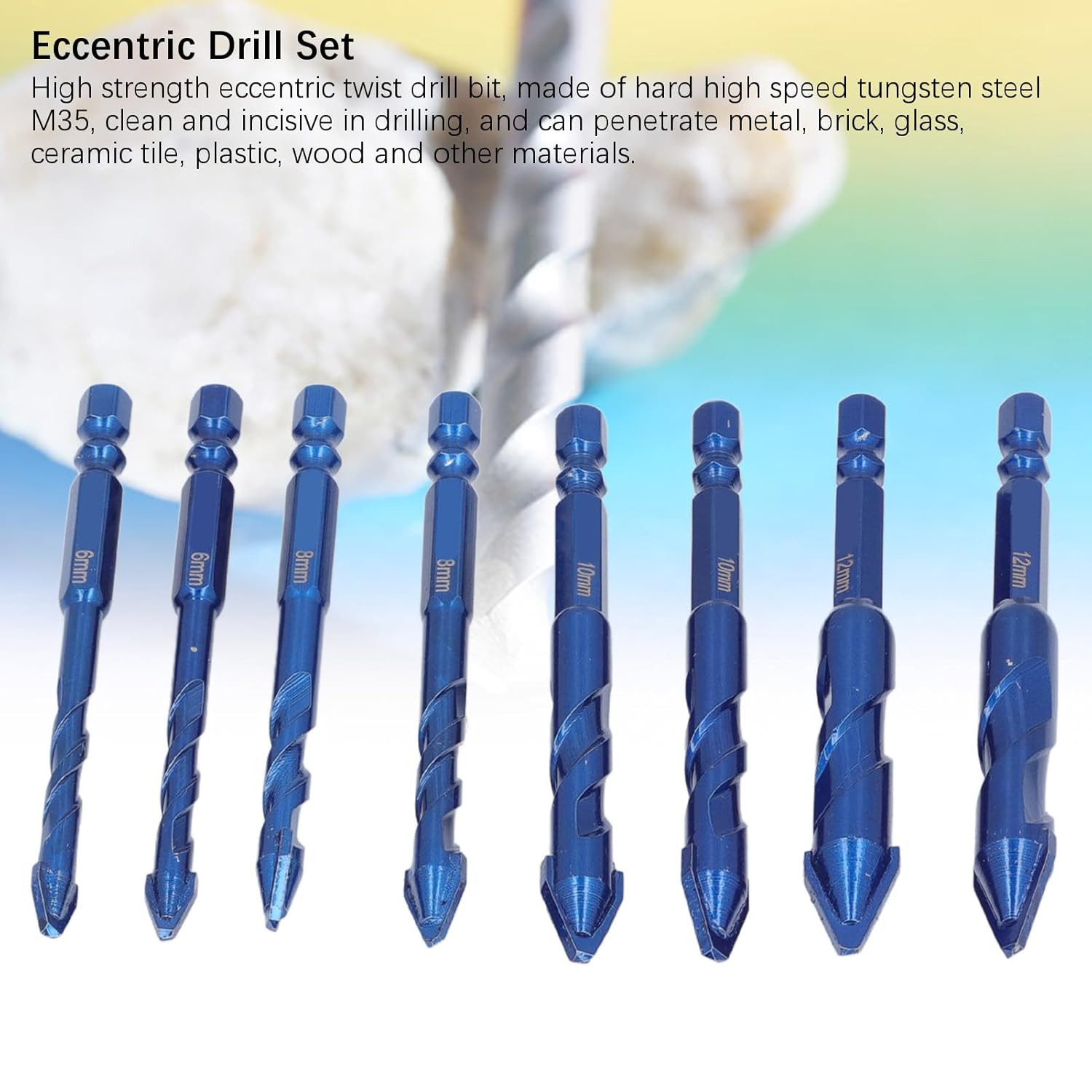 8Pcs Skewed Head Eccentric Bits 1/4 Inch Hex Shank Drill Bits Set for Stone Glass Marble Tile Wood 6mm 8mm 10mm 12mm