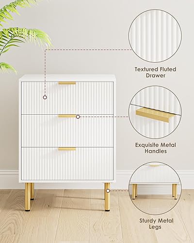 Miniatura 5 de Mesita de noche, mesita de noche alta con 3 cajones de almacenamiento, mesita de noche blanca, muebles de noche, mesa auxiliar con marco dorado,