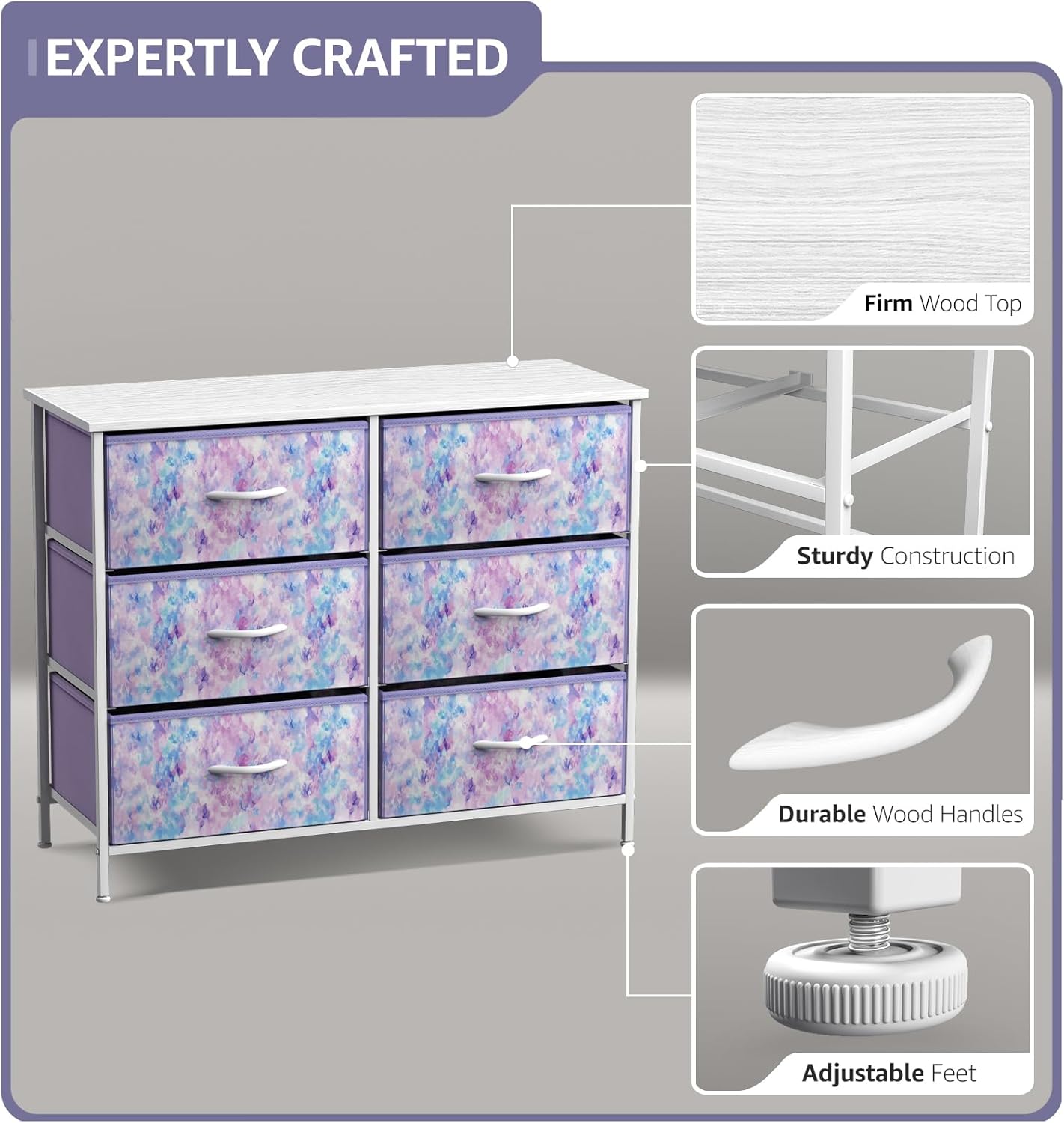 Watercolor Blue-Purple 6-Drawer Fabric Dresser with Steel Frame