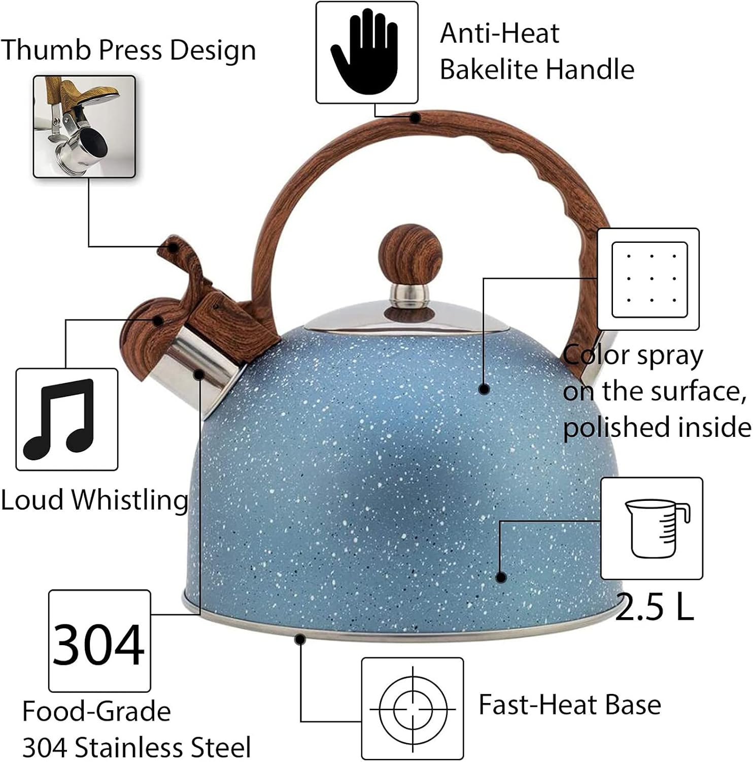 Vilihkc Whistling Stainless Steel Tea Kettle with Wood Grain Anti Heat Handle,2.6 Quart/2.5 Liter Stainless Steel Tea Kettles,Loud Whistling for Tea,Coffee,Gas Electric Applicable