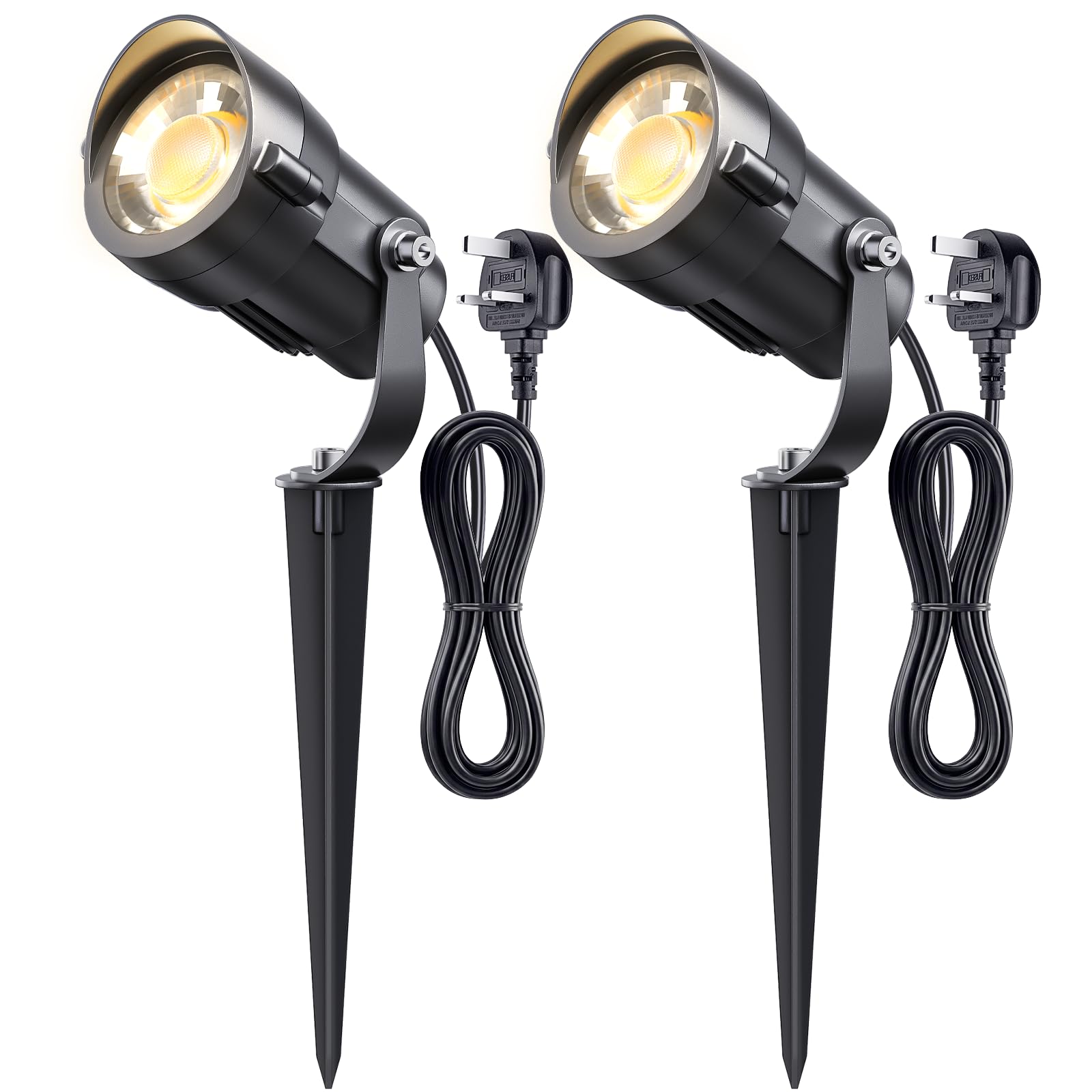 HIBOITEC 2Pcs 7W Garden Lights with 1.5M Cord, 600LM Plug & Shine Outdoor Lights Mains Powered, 2700K Warm White, IP65 Waterproof Garden Spotlight, Plug-in LED Spike Lighting for Yard Patio Driveway