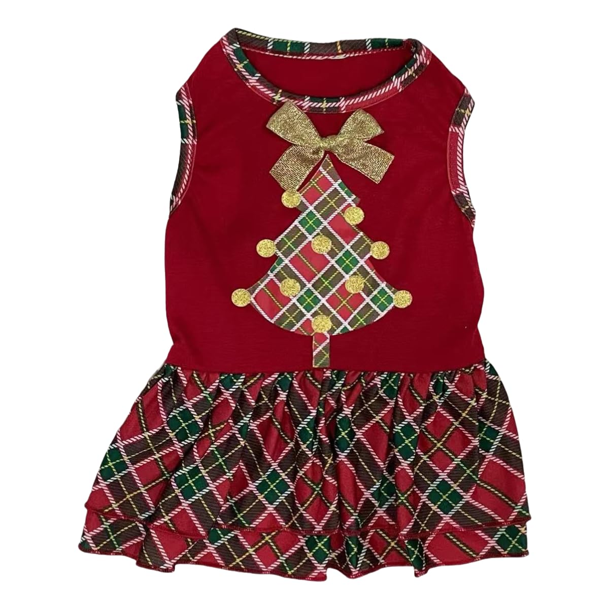 Tangpan Gold Bow-Knot Christmas Tree Print Pet Dog Dress Scottland Plaid Skirt Puppy Clothes Santa Apparel (L)