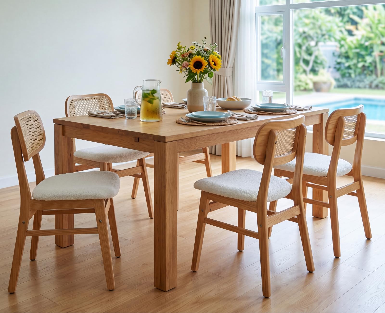 Mid Century Modern Curved Back Rattan Dining Chairs Set of 6 Sherpa Cream