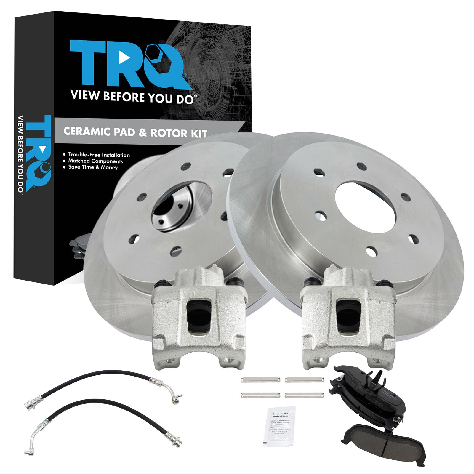 TRQ Rear Brake Pad and Rotor Set Ceramic Calipers Compatible with 2004-2010 Infiniti QX56 2004 Nissan Pathfinder Armada 2005-2015 Nissan Armada