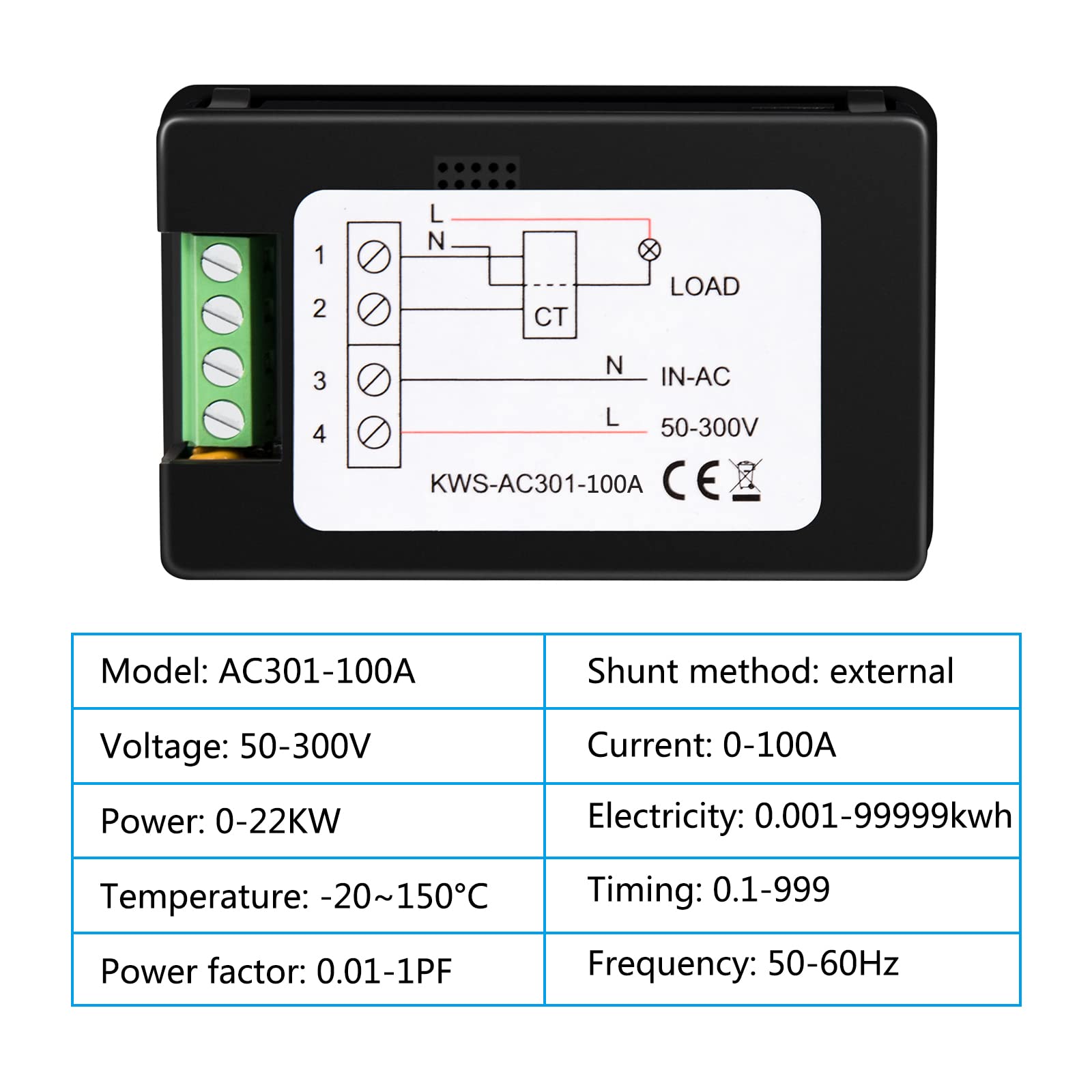 Multimetro Digitale AC Hailege PZEM-008 - Misuratore Di Corrente 100A, Tensione 50-300V, Potenza Attiva 30kW, Energia 1999kWh, Con Display LCD, Montaggio Su Guida DIN